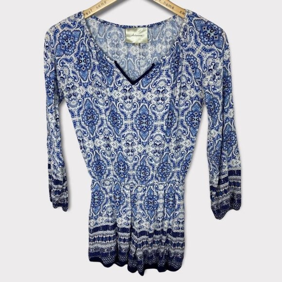 Anthropologie Paisley Print Romper Long Sleeves Blue White Bohemian XS Elevenses - Picture 2 of 16